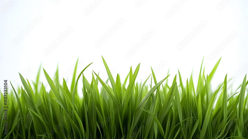 Fototapeta premium A vibrant image of fresh green grass blades set against a crisp, white background. Perfect depiction of nature, freshness, and lush growth, symbolizing vitality, purity, and ecological harmony.