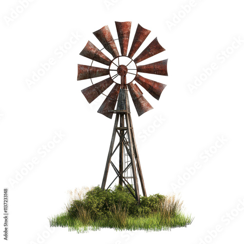 A windmill is standing in a field of grass. transparent background