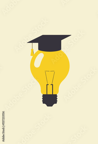 Vector Art of a Yellow Light Bulb with Graduation Cap: Flat Design, Soft Shadows, and Centered Composition for Educational Themes