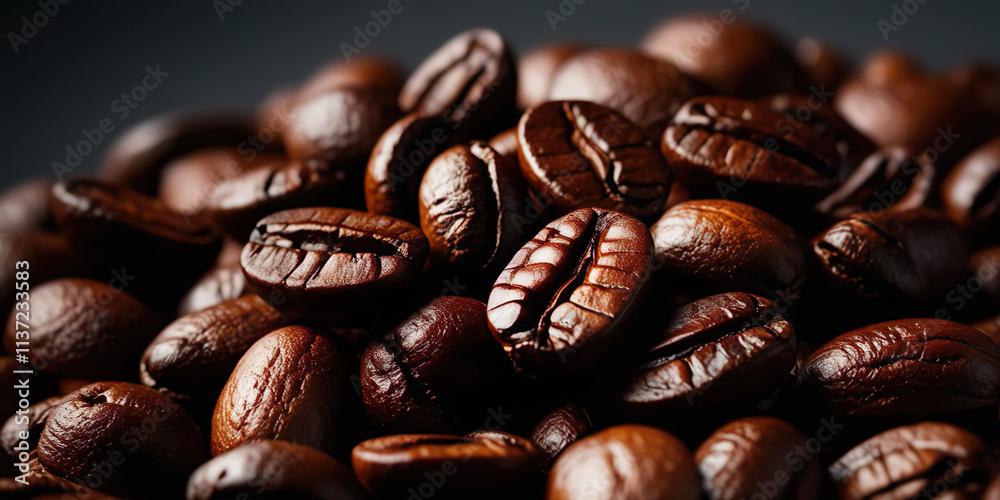 Fototapeta premium Close-up of roasted Arabica coffee beans구운 아라비카 커피 원두 클로즈업