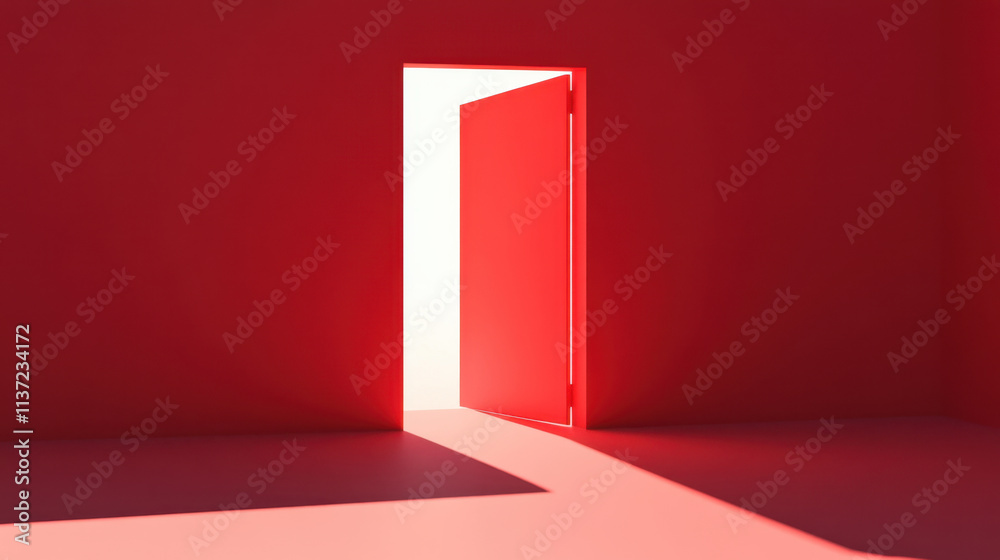 vibrant red door stands ajar in minimalist red room, casting bright light and shadow on floor, creating striking visual contrast and inviting curiosity vibrant red door stands ajar in minimalist red room, casting bright light and shadow on floor, creating striking visual contrast and inviting curiosity