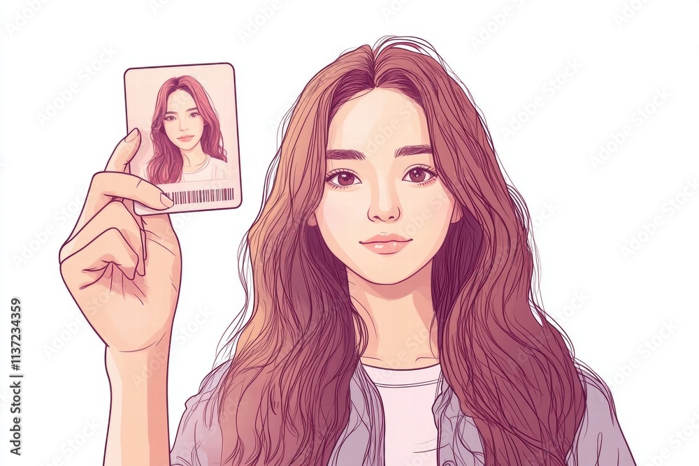 Woman Holding ID Card, Portrait Illustration Woman Holding ID Card, Portrait Illustration
