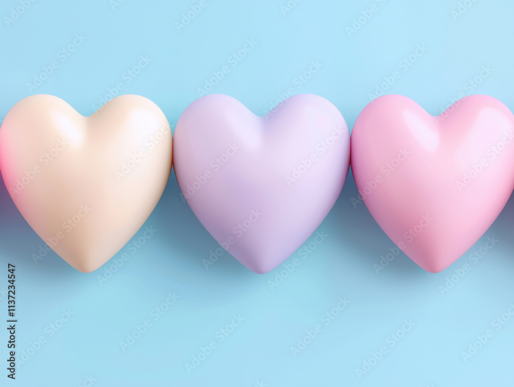 Soft pastel heart shapes in row on light blue background Soft pastel heart shapes in row on light blue background