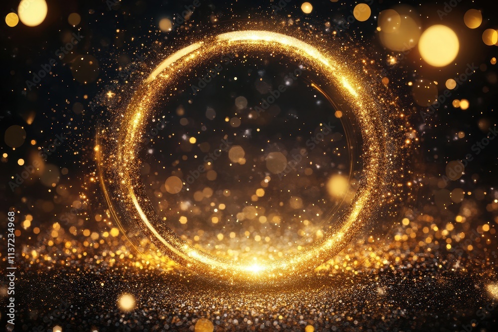 Golden glitter circle on dark background. Ideal for luxury, celebration, and award designs. Golden glitter circle on dark background. Ideal for luxury, celebration, and award designs.