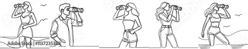 continuous line vector set of people with binoculars