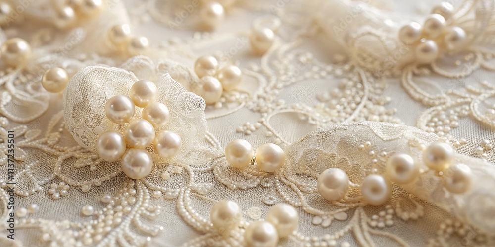 Delicate Pearls Adorn a Luxurious White Lace Fabric, Creating a Dreamy and Elegant Texture Delicate Pearls Adorn a Luxurious White Lace Fabric, Creating a Dreamy and Elegant Texture