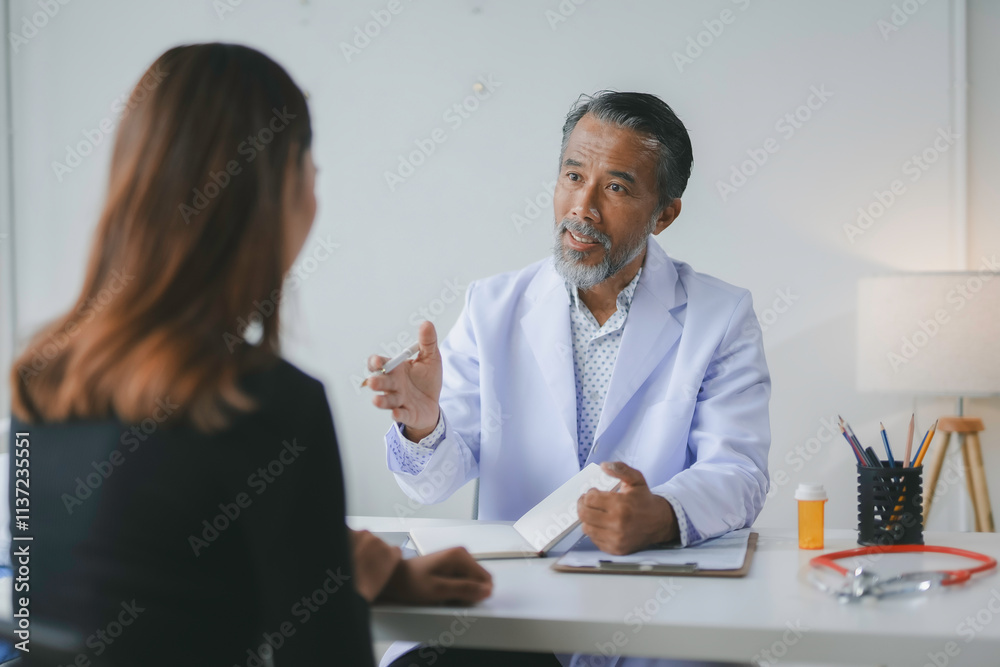 Senior doctor explaining diagnosis to patient during medical consultation in a bright medical office Senior doctor explaining diagnosis to patient during medical consultation in a bright medical office