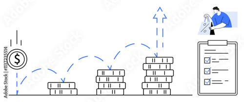 Stacked coins increasing in height, with an upward arrow suggesting growth. Clipboard with checklist, and a businessperson analyzing data. Ideal for financial planning, growth tracking, investment