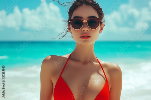 Beautiful fashion model wearing red swimsuit and sunglasses posing on a tropical beach with turquoise water and blue sky