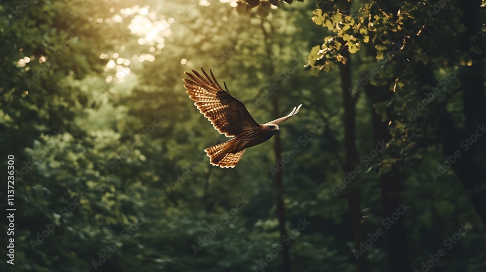 Obraz premium Hawk Soaring Through Sunlit Forest Canopy