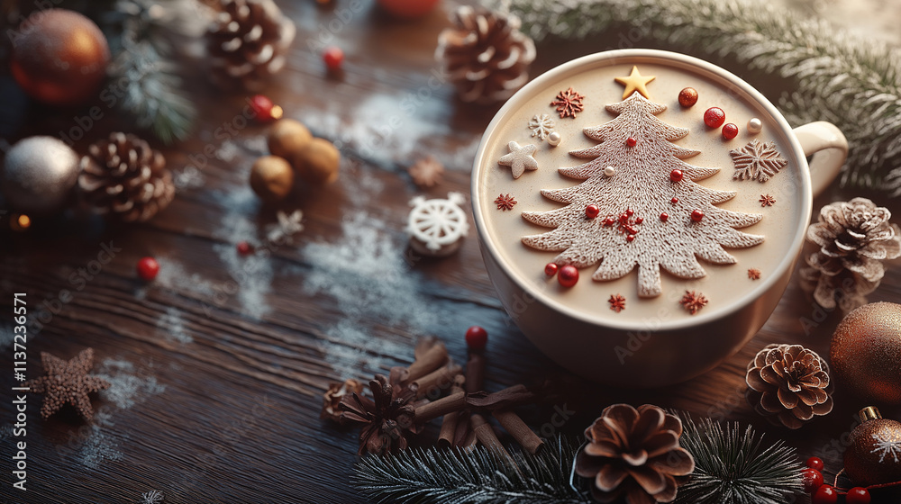 Coffee mug with a Christmas tree shaped foam art, surrounded wintery Coffee mug with a Christmas tree shaped foam art, surrounded wintery