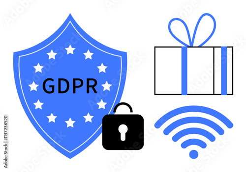 Shield labeled GDPR with stars, black security lock, blue wireless signal icon, gift box. Ideal for data privacy, cyber security, regulatory compliance, online safety, internet security digital