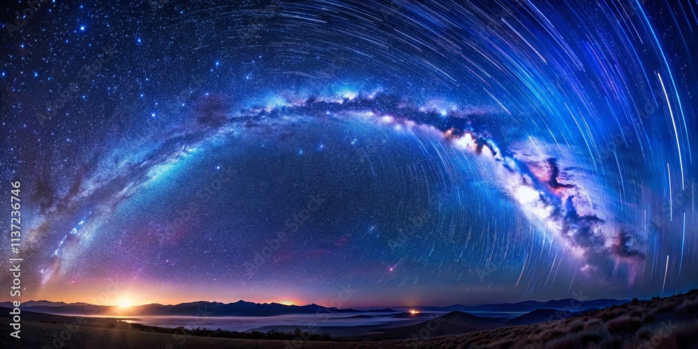 A celestial tapestry of star trails and the Milky Way, a breathtaking display of cosmic wonder in a serene landscape A celestial tapestry of star trails and the Milky Way, a breathtaking display of cosmic wonder in a serene landscape
