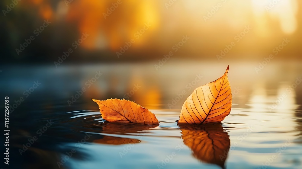 Autumn leaves float gently on calm water surface Autumn leaves float gently on calm water surface