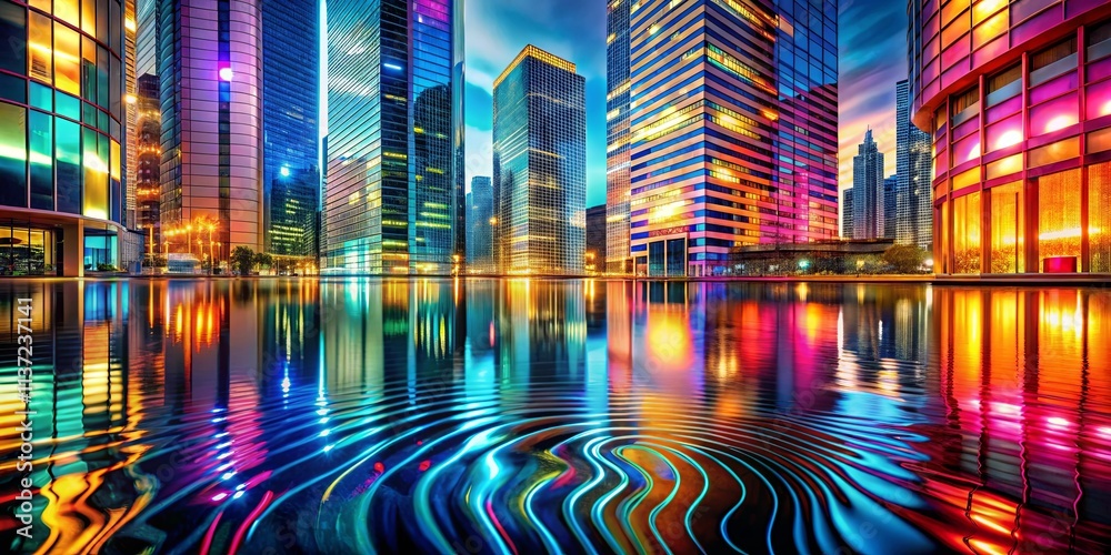 Obraz premium A mesmerizing reflection of a city skyline, showcasing the vibrant colors of illuminated buildings in a water body, creating a captivating interplay of light and form.