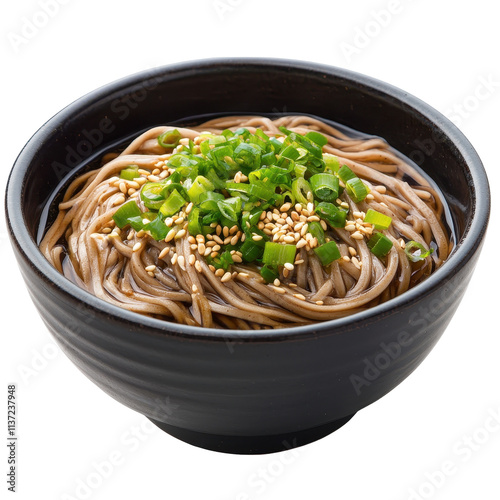 Delicious soba noodle bowl with toppings.. transparent background