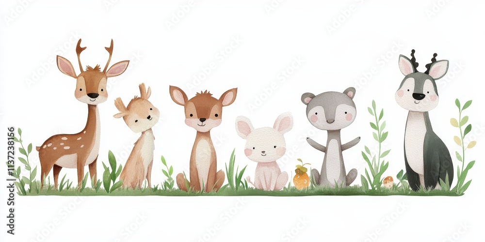 Naklejka premium Adorable Watercolor Woodland Animals, Deer, Fawn, Rabbit, and Bear in a Charming Meadow Setting