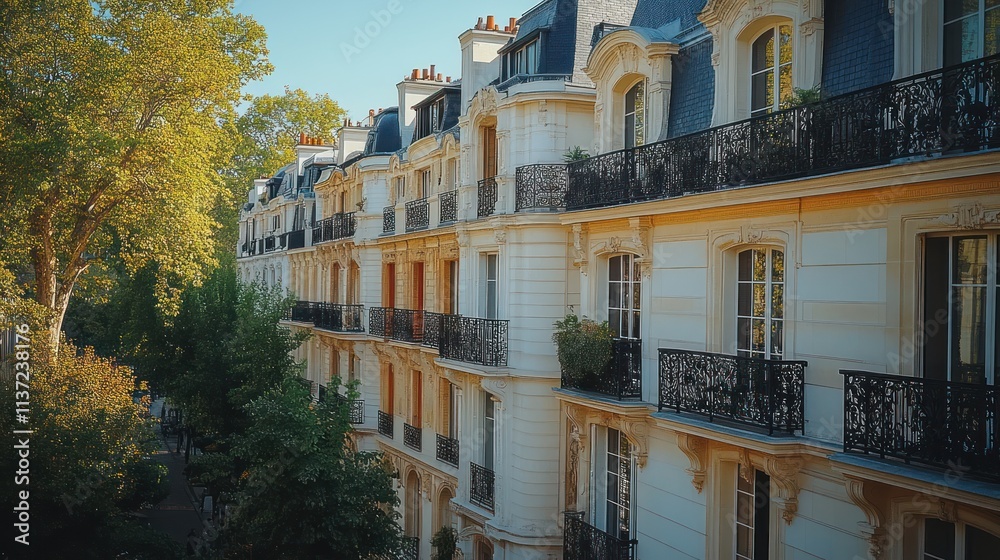 Naklejka premium A serene view of elegant Parisian architecture with balconies and lush greenery.