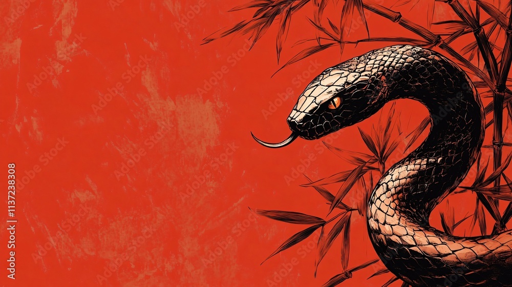 Obraz premium An elegant black serpent on a vivid red background, ideal for Year of the Snake celebrations, mysterious themes, and design for events requiring a powerful, captivating image.
