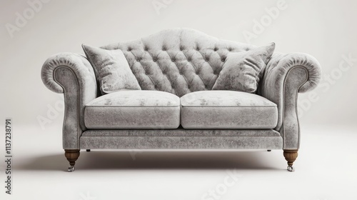 Elegant silver velvet tufted sofa with rolled arms and wooden legs. photo