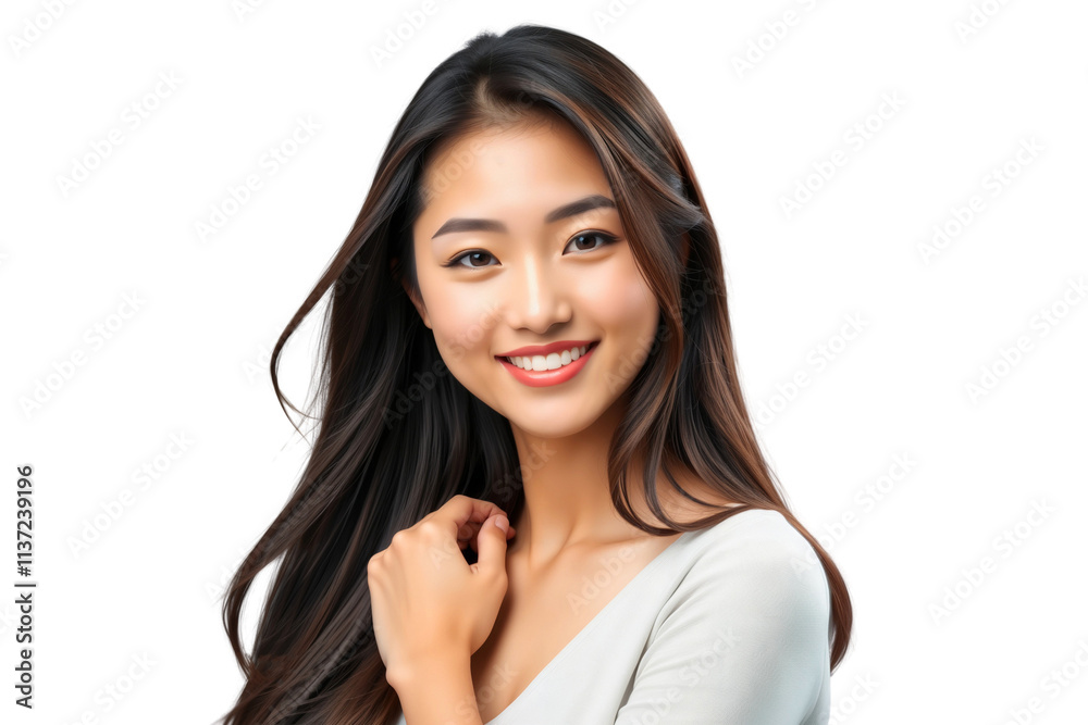 Young beautiful Asian woman smiling with long brunette hair, beauty concept, isolated on transparent background Young beautiful Asian woman smiling with long brunette hair, beauty concept, isolated on transparent background