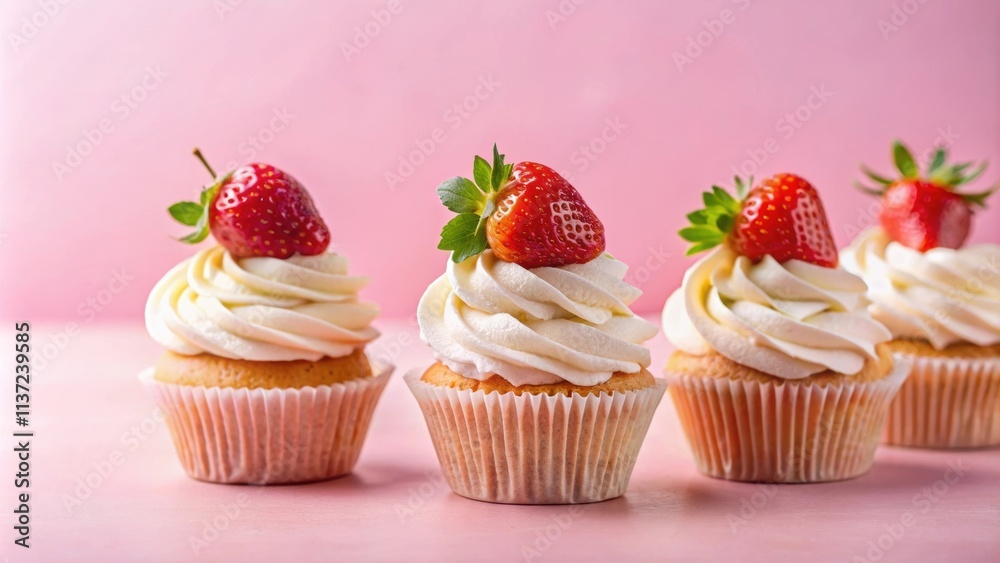 Delicious cupcakes with fresh strawberries and cream on a pink background, cupcakes, strawberries, cream, dessert Delicious cupcakes with fresh strawberries and cream on a pink background, cupcakes, strawberries, cream, dessert