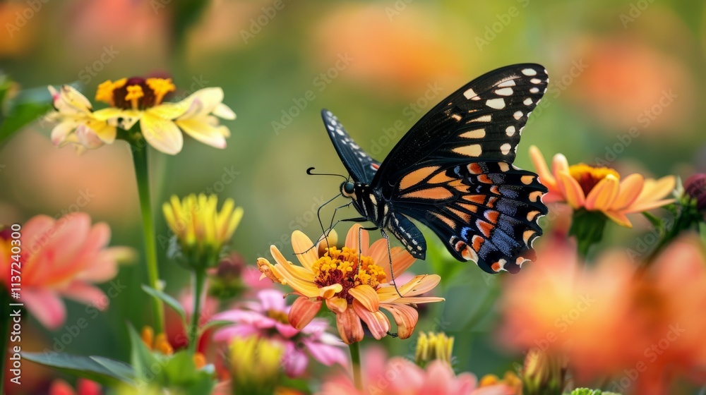 A butterfly garden with a variety of colorful flowers attracting butterflies A butterfly garden with a variety of colorful flowers attracting butterflies