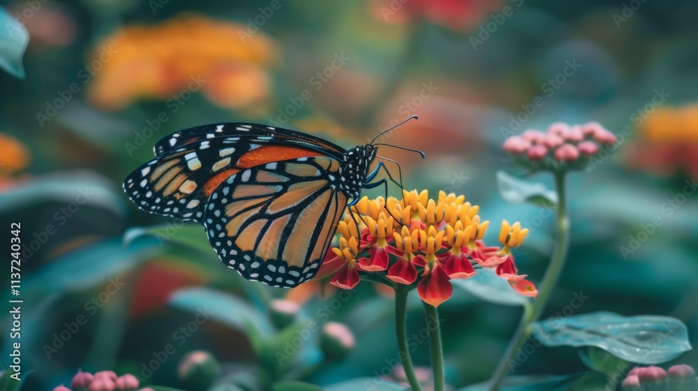 A butterfly garden with a variety of colorful flowers attracting butterflies