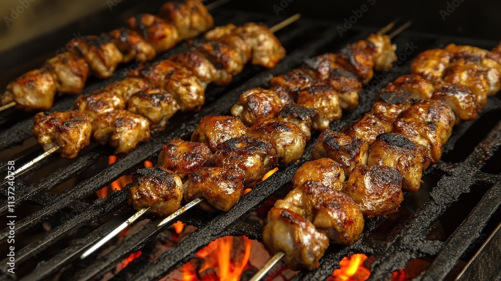 Grilled chicken skewers on a barbecue. Perfect for restaurant menus, cookbooks, or food blogs showcasing delicious grilled recipes. Grilled chicken skewers on a barbecue. Perfect for restaurant menus, cookbooks, or food blogs showcasing delicious grilled recipes.