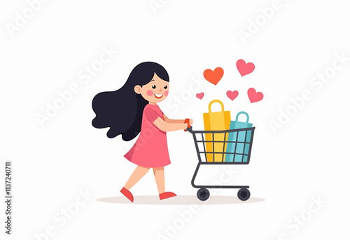 Cute Girl in Pink Dress Pushing Shopping Cart: Joyful Chibi Character Surrounded by Colorful Bags and Heart Symbols in Clean Design