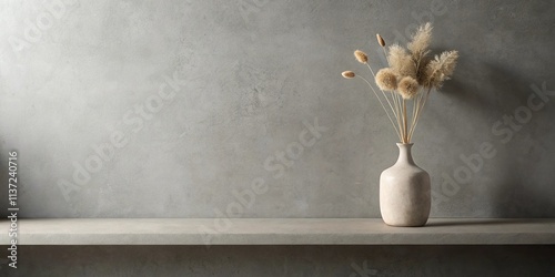 A ceramic vase containing dried plant stalks stands on a concrete shelf against a textured wall