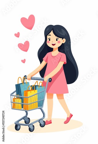 Happy Shopper with Long Black Hair in Pink Dress: Flat Illustration of a Girl Pushing a Shopping Cart with Colorful Bags