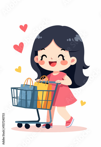 Joyful Girl Shopping: Cute Chibi Character in Pink Dress with Shopping Cart and Bags, Floating Hearts, Minimalist Design