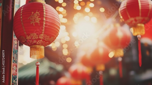 A serene Lunar New Year scene with red lanterns and festive decorations against a tranquil temple backdrop, atmospheric shot, Cultural style photo