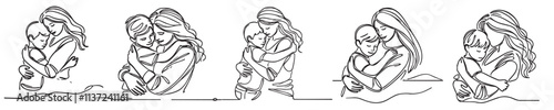 set Continuous one line drawing of mother and daughter hugging tightly