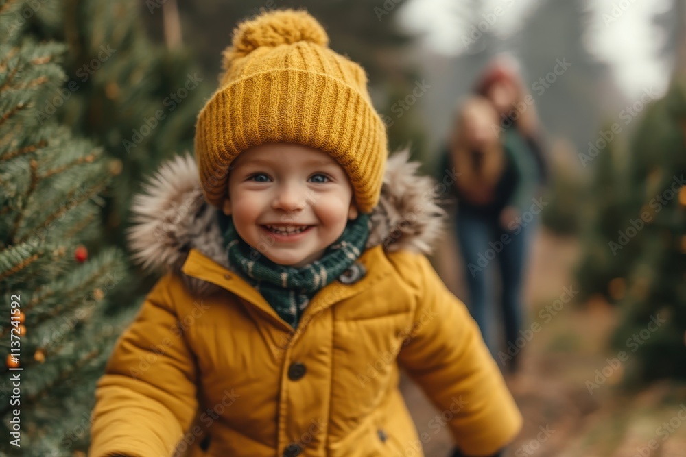 Happy toddler in yellow winter coat near Christmas tree. Perfect for holiday greeting cards or winter clothing advertisements.