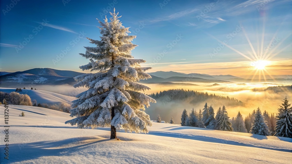 A solitary frosted evergreen stands tall against a backdrop of snow-covered hills and a breathtaking sunrise over a sea of mist A solitary frosted evergreen stands tall against a backdrop of snow-covered hills and a breathtaking sunrise over a sea of mist
