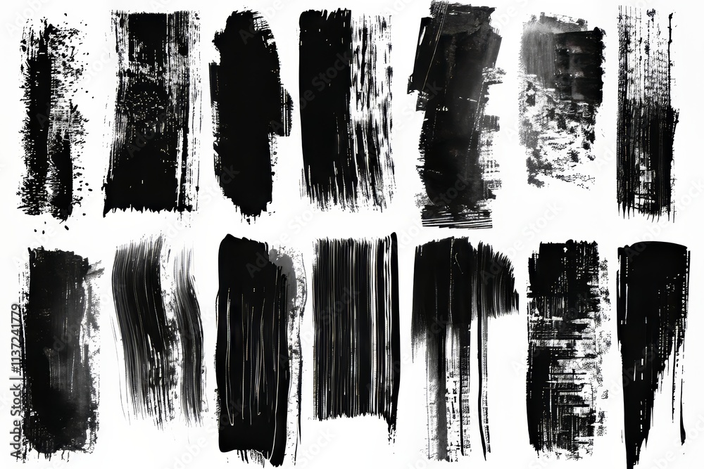 Artistic black paint strokes on a white background, creating dynamic textures.