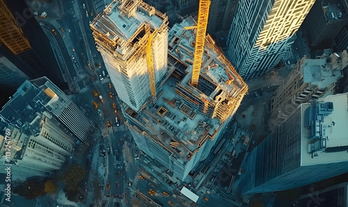 Aerial Drone Footage with VFX Concept: Building Construction Site Becomes Finished Project photo