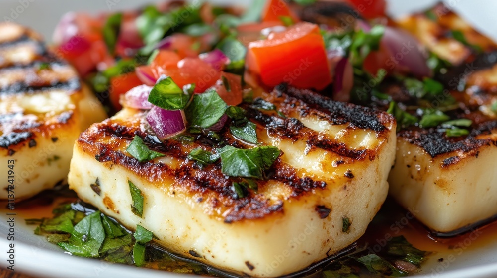 Grilled halloumi cheese with fresh tomato and red onion salsa. Perfect for showcasing Mediterranean cuisine or summer grilling recipes. Grilled halloumi cheese with fresh tomato and red onion salsa. Perfect for showcasing Mediterranean cuisine or summer grilling recipes.