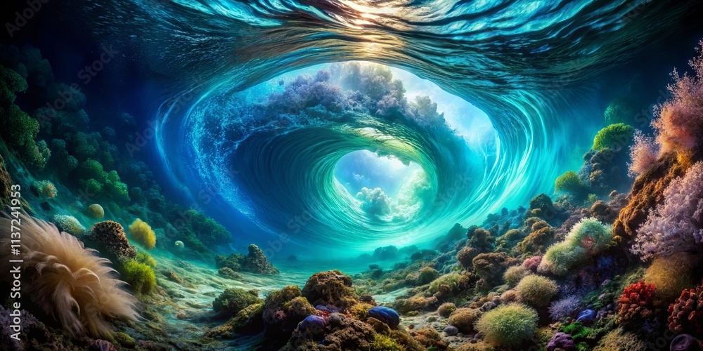 A swirling ocean wave creates a mesmerizing portal above a vibrant coral reef, capturing the beauty and mystery of the underwater world. A swirling ocean wave creates a mesmerizing portal above a vibrant coral reef, capturing the beauty and mystery of the underwater world.