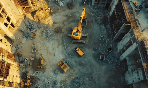 Aerial Drone Footage with VFX Concept: Building Construction Site Becomes Finished Project photo