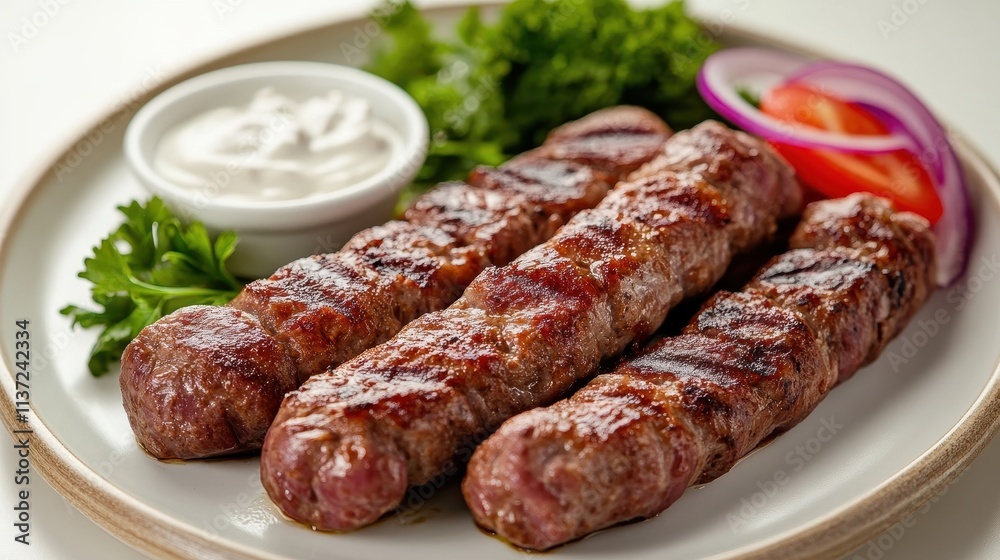 Grilled Kebab with Garlic Sauce and Fresh Vegetables Grilled Kebab with Garlic Sauce and Fresh Vegetables