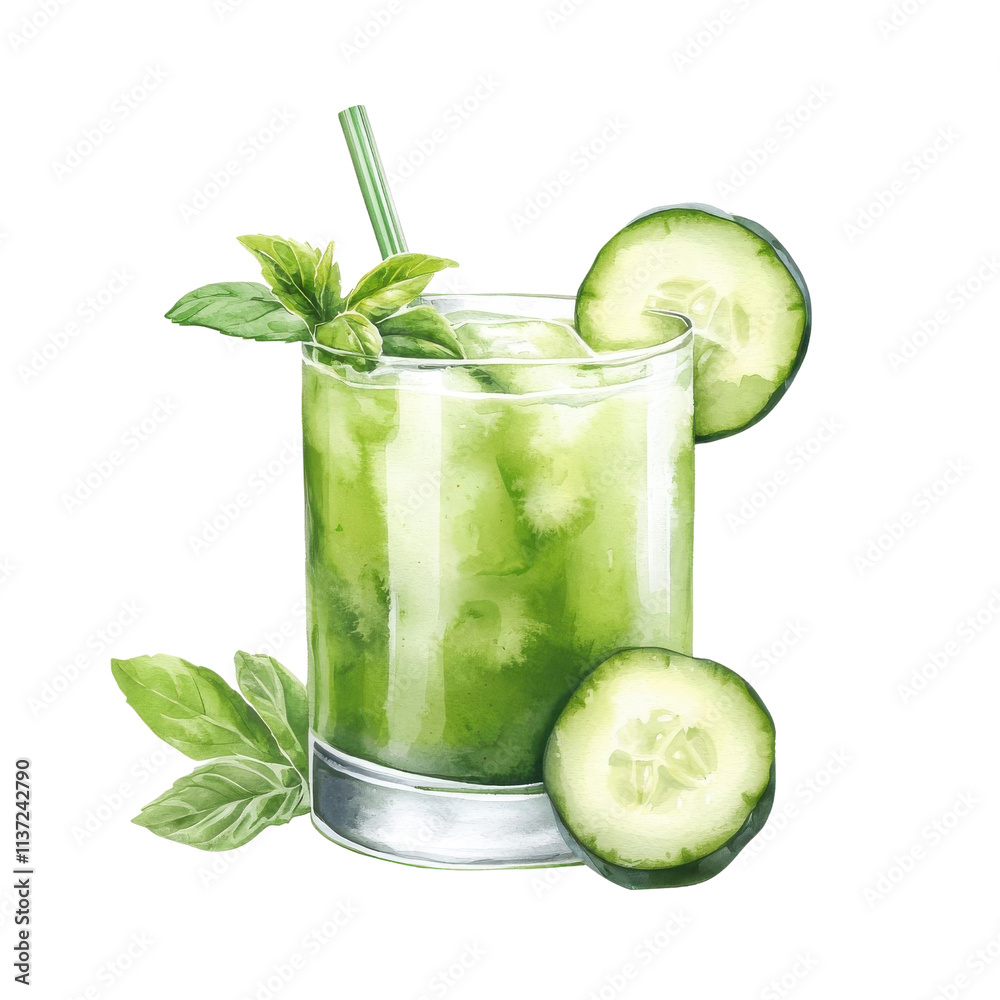 Watercolor cucumber smoothie, isolated on a white background. png Watercolor cucumber smoothie, isolated on a white background. png