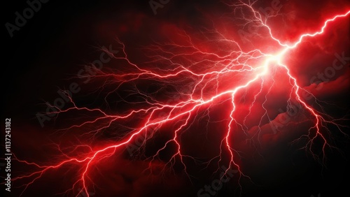 Red lightning striking on a dramatic black background, electricity, power, energy, stormy, intense, weather, nature, flash, danger