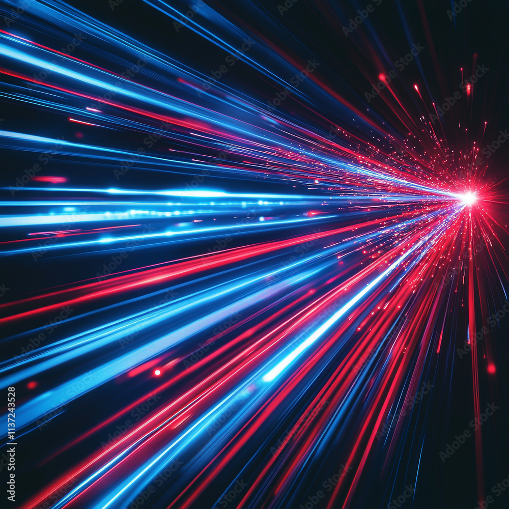 A red and blue light speed path with white light lines in the background and a light path in front. A red and blue light speed path with white light lines in the background and a light path in front.