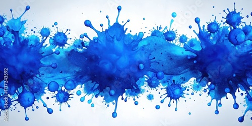 Bright blue ink blots on a background, ink, drops, blue, top view, isolated,abstract, vibrant, colorful, liquid, artistic