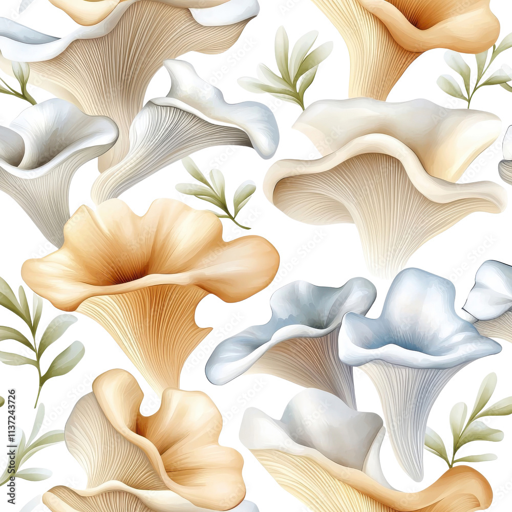 Watercolor seamless pattern of oyster mushrooms, isolated on a white background. png Watercolor seamless pattern of oyster mushrooms, isolated on a white background. png