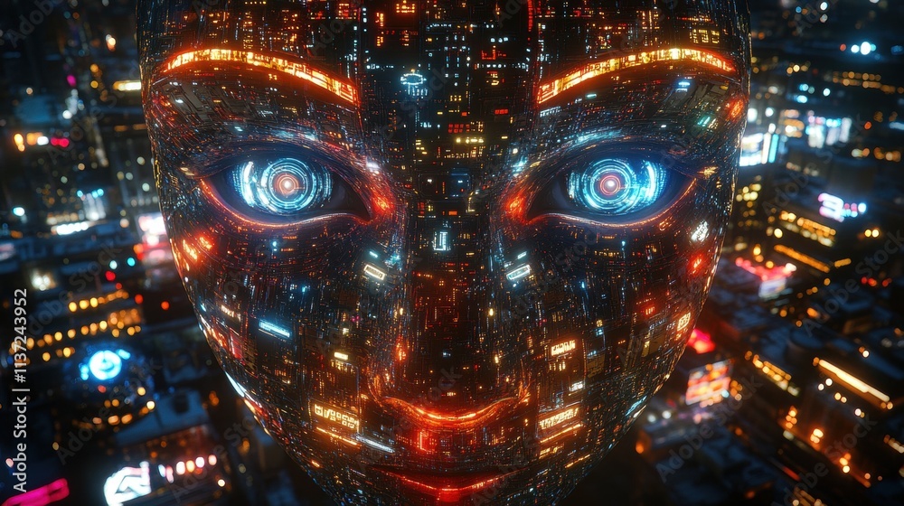 AI Face in Cyberpunk Cityscape AI Face in Cyberpunk Cityscape