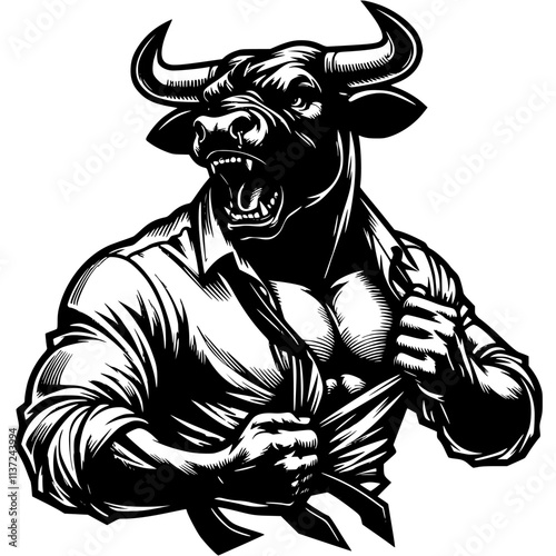 Boss bull rips shirt at chest in rage in monochrome. Wild ox animal in human form roars in madness. Tattoo minimalistic vector in black ink drawing on transparent background